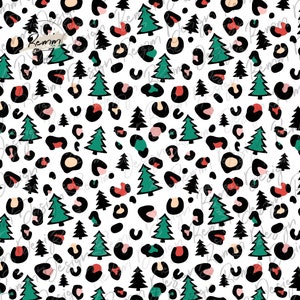 May include: A seamless pattern featuring green Christmas trees and black, white, red, and pink leopard spots on a white background.