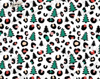May include: A seamless pattern featuring green Christmas trees and black, white, red, and pink leopard spots on a white background.