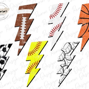 Sports Ball Lightning Bolt Bundle, Lightning Bolt Sports Png, Football, Basketball, Baseball, Softball, Soccer, Volleyball, Printable