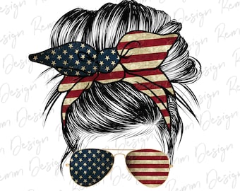 American Mom Bun Png, Sunglasses Headband Messy Bun PNG, 4th of July Sublimation Design, Patriotic Png, Messy Bun Png, Sublimation Download