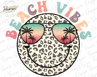 Cara sonriente de leopardo con vibraciones playeras PNG: Diseño retro de verano (descarga digital)