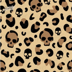 May include: A seamless pattern featuring brown leopard spots and black skulls on a beige background. The pattern is perfect for fabric, wallpaper, or other design projects.