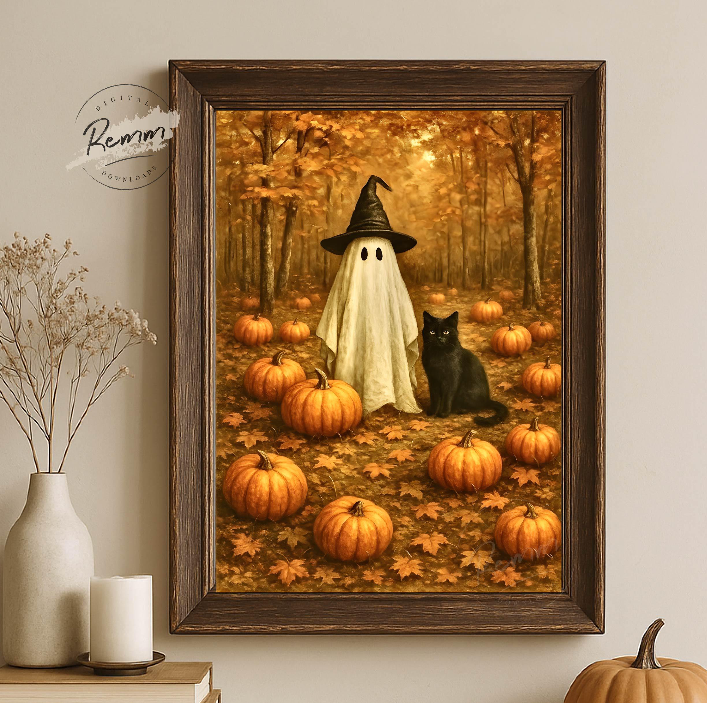 Ghost and Cat Print: Gothic Halloween Haunted Forest Wall Art (digital ...