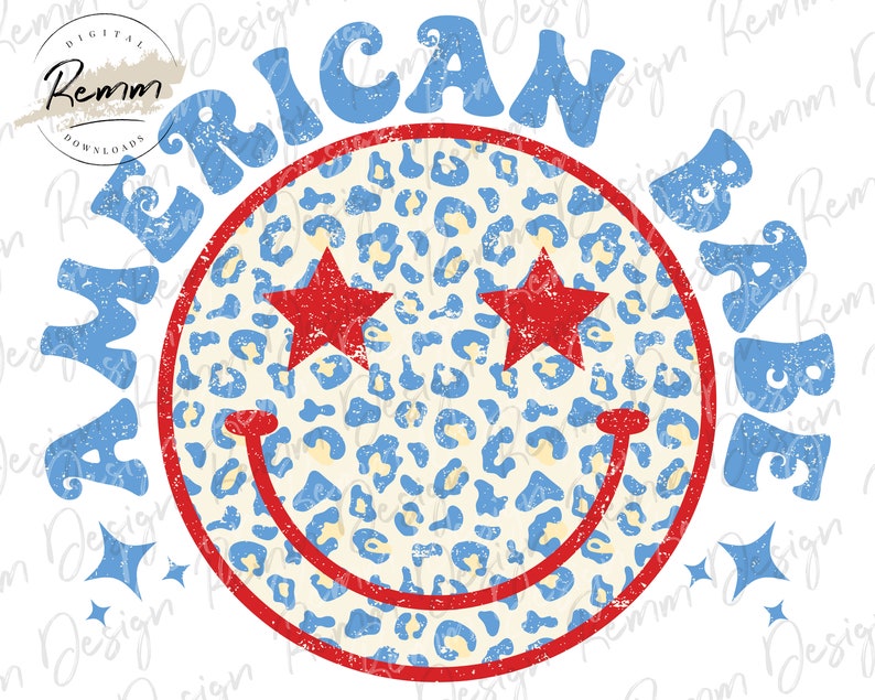 American Babe Png, Retro Png, 4th of July Png, Happy Face Png, Leopard Print Png, Vintage Groovy Smiley Face, Sublimate Design Download 