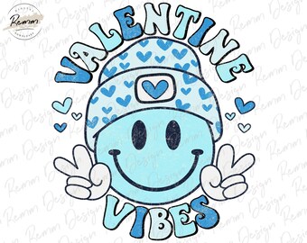 Blue Valentine Vibes PNG: Retro Smiley Face Design (Digital Download)