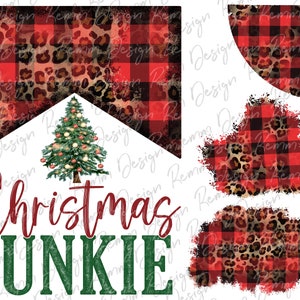 May include: A digital design featuring a red and black buffalo plaid and leopard print pattern. The design includes a banner with the text "Christmas Junkie" in red and green. The design is perfect for creating festive crafts and projects.