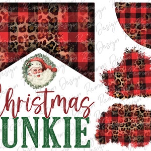 May include: Red and black buffalo plaid and leopard print digital paper with a vintage Santa Claus illustration and the text "Christmas Junkie".