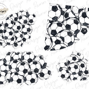May include: Black and white graphic design of a pile of soccer balls with a distressed, grunge texture.