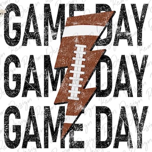 Game Day Football Lightning Bolt Png, Distressed Football Png, Sublimation Download, Printable, Stacked Football Design, Clipart
