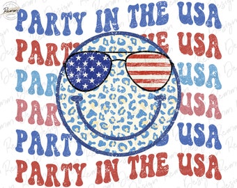 May include: A blue and white smiley face with sunglasses, the lenses of which are decorated with the American flag. The background is a white surface with the text "Party in the USA" repeated in red, white, and blue.