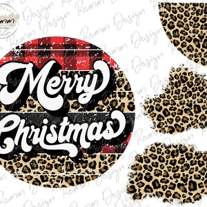 以下が含まれることがあります： 赤と黒のバッファローチェック柄とレオパード柄の丸いデザインで、白い文字で「メリークリスマス」と書かれています。