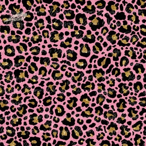Könnte beinhalten: Rosa Leopardenmuster mit schwarzen Flecken und goldenen Glitzerakzenten. Das Design zeigt ein sich wiederholendes Muster von Tierflecken und erzeugt einen auffälligen visuellen Effekt.