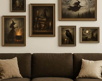 Halloween Print Bundle, Spooky Halloween Digital Art, Witchy Moody Art, Spooky Fall Decor, Gothic Gallery Wall, 6 Dark Moody Printables