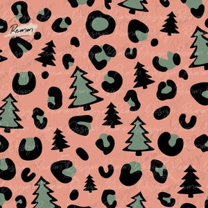 SEAMLESS Green Christmas Tree Png Pattern, Leopard Print Christmas Seamless Pattern, Repeating Pattern for Commercial Use, Png and Jpeg