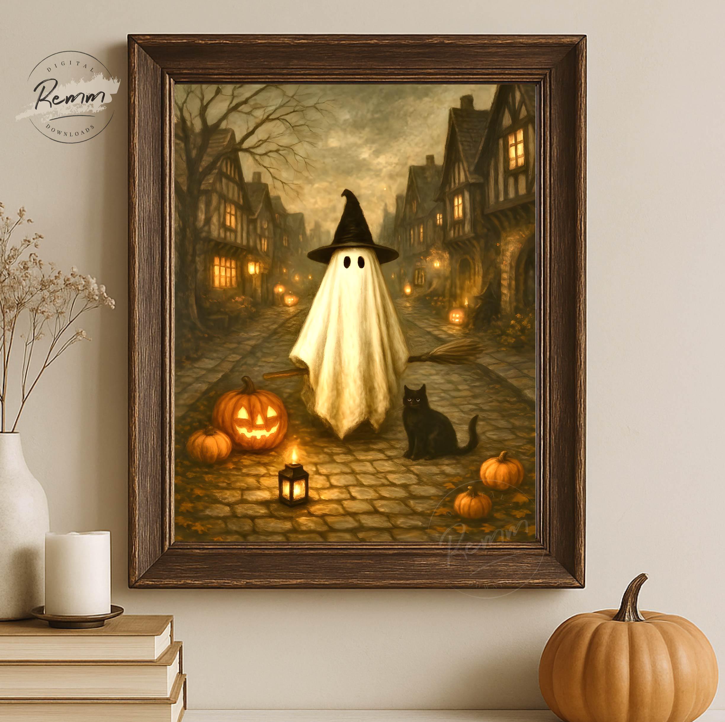PRINTABLE Vintage Halloween Print, Cute Ghost & Black Cat in Village ...