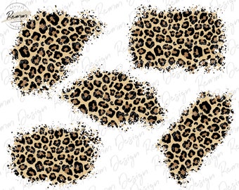 May include: Four digital clipart images of leopard print with a distressed, paint-splattered effect. The background is white.