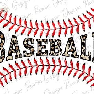 May include: Baseball graphic with the word "BASEBALL" in leopard print letters and a red baseball stitch design.