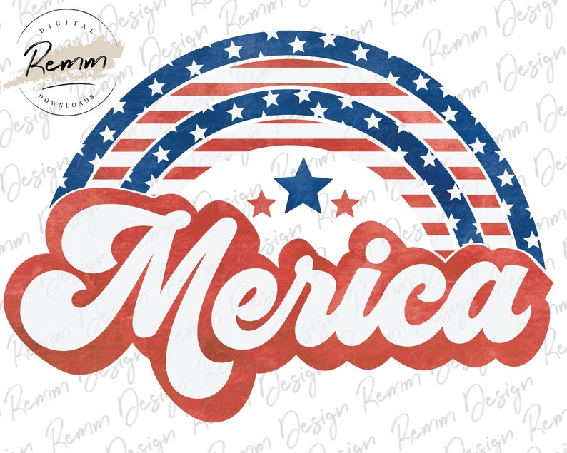 K&ouml;nnte beinhalten: Ein rot-wei&szlig;-blaues Aquarelldesign einer amerikanischen Flagge in Form eines Regenbogenbogens mit dem Wort "Merica" in wei&szlig;em Text darunter.