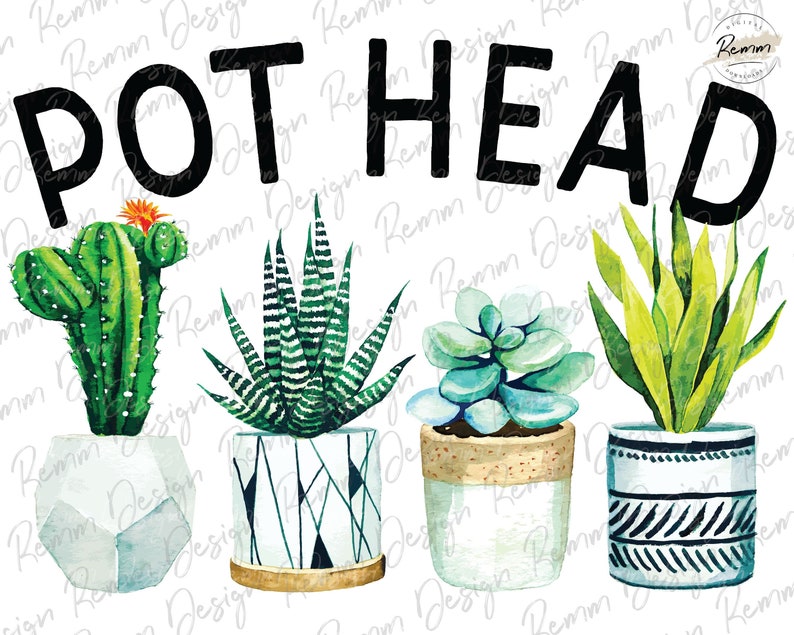May include: A watercolor illustration of four potted plants with the text "Pot Head" in black lettering. The plants include a cactus, a succulent, a snake plant, and a green plant with white stripes.