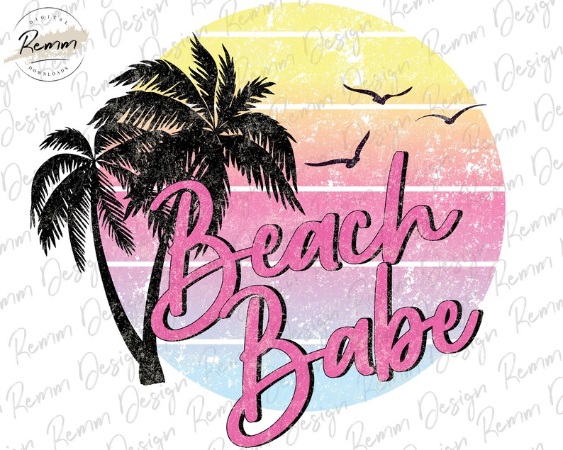 Op de afbeelding: Een roze en witte zonsondergang met palmbomen en de tekst "Beach Babe" in roze.