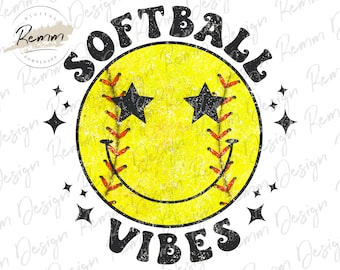 Softball Vibes Png, Smiley Face Png, Retro Png, Softball Sublimation Design, Retro Smiley Softball Png, Softball Shirt, Sublimate Download