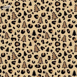 May include: A seamless pattern featuring brown Christmas trees on a beige background with black leopard print spots.