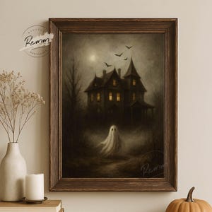 Arte de pared imprimible de fantasmas y murciélagos, impresión gótica de casa embrujada de Halloween, descarga digital