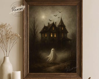 Ghost and Bats Printable Wall Art, Gothic Moody Halloween Haunted House Print, Digital Download
