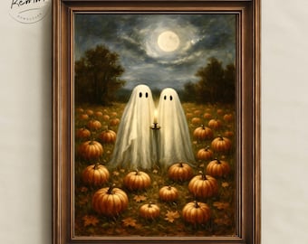 Ghost and Pumpkin Printable Wall Art, Gothic Moody Halloween Haunted Forest Print, Digital Download