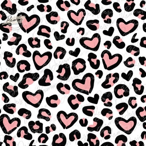 May include: A seamless pattern featuring black leopard spots and pink hearts on a white background. The pattern is ideal for fabric, wallpaper, or other design projects.