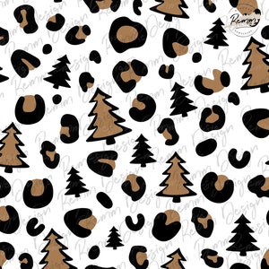 May include: A seamless pattern featuring brown and black leopard print spots and brown and black Christmas trees on a white background.