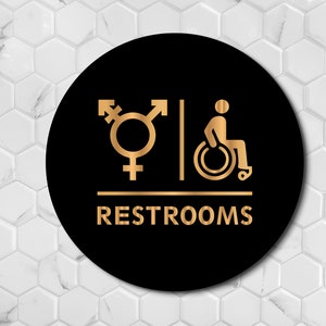 Cartello rotondo per WC Cartello moderno per bagno in acrilico nero oro per porte Cartello per lavanderia per interni ed esterni per ufficio dell'hotel