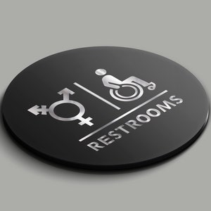 Cartello WC rotondo unisex Cartello moderno per bagno in acrilico nero argento per porte Cartello per lavanderia di tutti i generi per ufficio dell'hotel