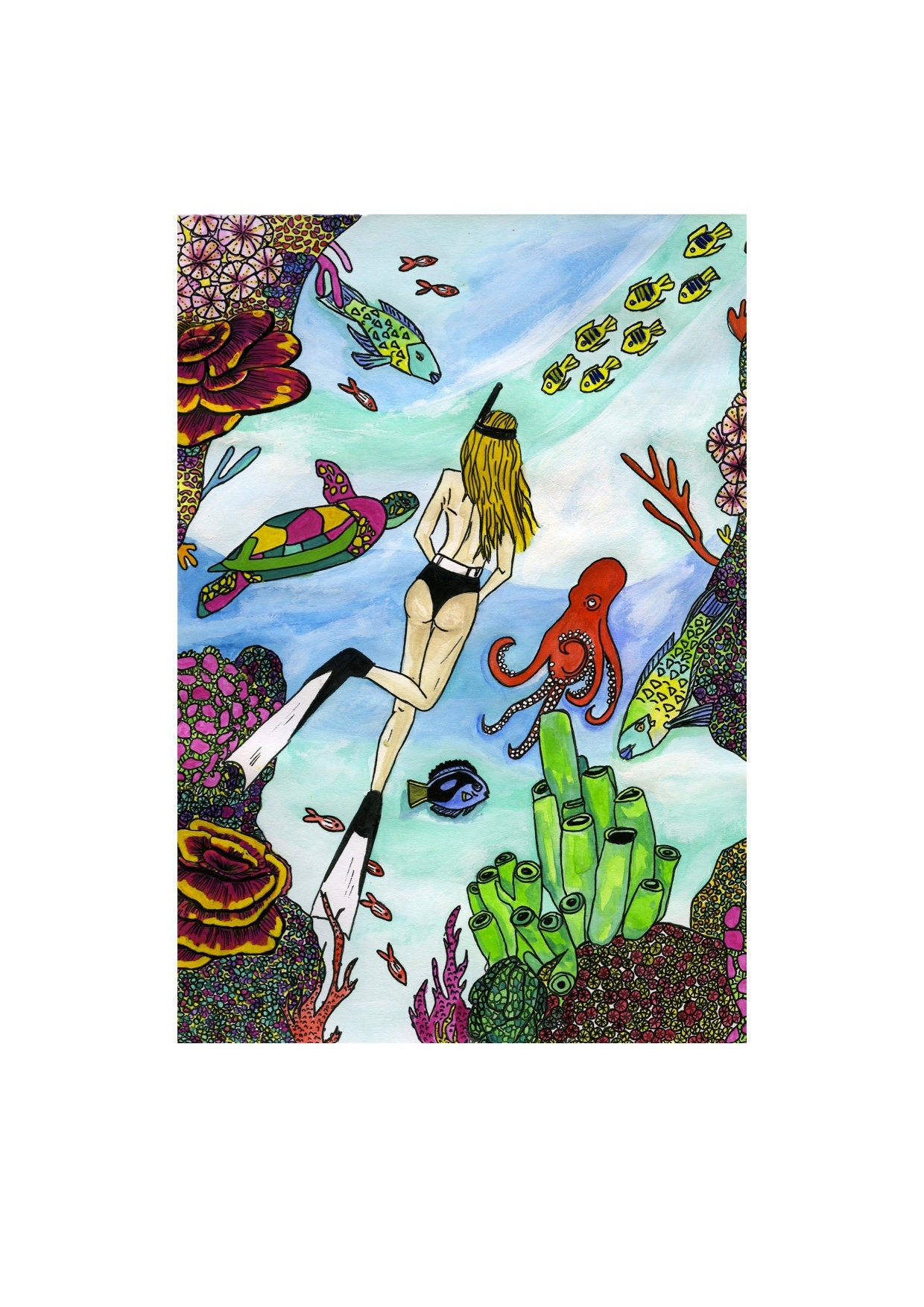 Plongeuse Dans Les Caraïbes - Diving Illustration Print Art Décoration Poster Caraïbes Gift Drawing