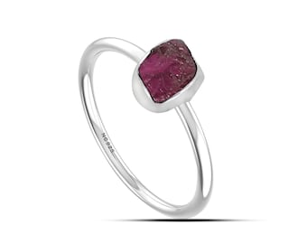 Rough Pink Tourmaline Ring October Birthstone Rings Raw Pink Tourmaline Ring 925 Sterling Silver Stackable Bezel Ring (Stone 4.5*6.5 mm)