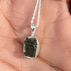 Moldavite Pendant 925 Sterling Silver Rough Raw Moldavite Necklace with 18 Inch Sterling Silver Chain (Stone Size 8*12 mm Approx)