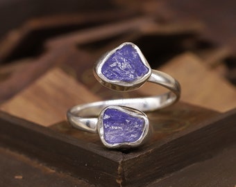 Tanzanite Rings Adjustable Ring Dual Multi Stone Ring December Birthstone 925 Sterling Silver 2 Collect Rings (Stone Size 4-6 mm)