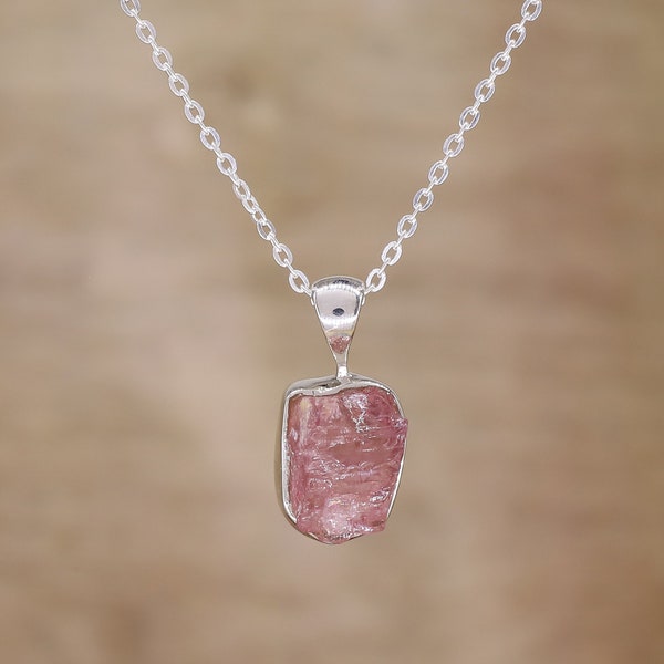 Rose Quartz Raw Gemstone Pendant with 18 Inch 925 Sterling Silver Chain -January Birthstone Rose Quartz Necklace - Gift for Gf/her/Mother