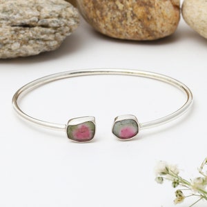 Raw Watermelon Tourmaline Bangle - Rough Tourmaline Bracelet - Silver Cuff Bangle - October Birthstone - Silver Bangle - Stone Size 6x8 MM