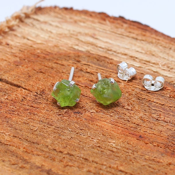 Rough Peridot Stud Earrings August Birthstone Studs 925 Sterling Silver Raw Peridot Studs Earring (Stone Size 3-5 mm Approx)