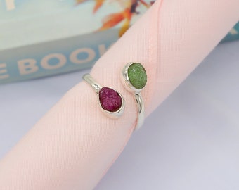Adjustable Twister Ring Emerald Ruby Rings Dual 2 Stone Ring May & July Birthstone 925 Sterling Silver 2 Collect Rings (Stone Size 4-6 mm)