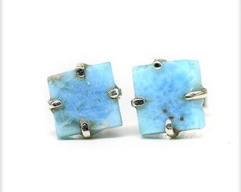 Rare Blue Larimar Tiny Studs Earrings- 925 Solid Silver Raw Larimar Studs -Natural Blue Square Shape Larimar Stud Earrings -Gift for Him/her