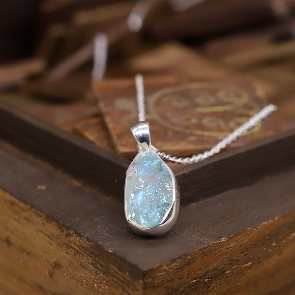 June Birthstone Pendant Necklace in Natural Rough Rainbow Moonstone with 925 Sterling Silver 18 Inch Chain- Raw Stone Crystal Necklace