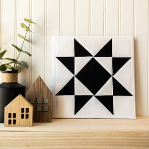 Black and White Quilt Block, Handmade Farmhouse Shelf Décor, Modern Wall Quilt, Fabric Wall Hanging, 10.5 Inch Square