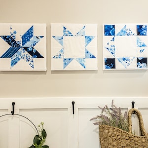 Blue Floral Quilt Block Wall Art: Set of 3 Modern Quilted Hangings