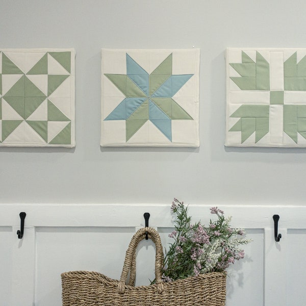 Sage Green Barn Quilt Gallery Wall Art, Set of 3 Modern Quilted Wall Hangings, 10.5 Inch Square