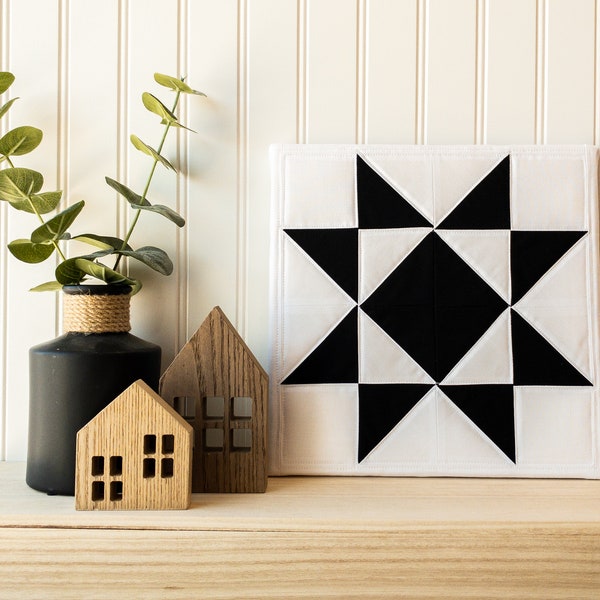 Black and White Quilt Block, Handmade Farmhouse Shelf Décor, Modern Wall Quilt, Fabric Wall Hanging, 10.5 Inch Square