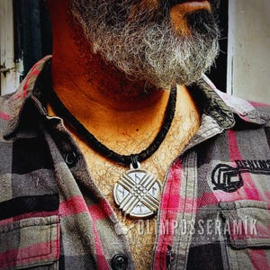 Handmade Shamanic Necklace – White Black - Runic Tengri Amulet, Leather Ritual Pendant