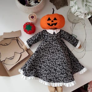 Pumpkin Head Rag Doll | Folk Art Handmade Cloth Doll | Halloween Jack-O-Lantern Doll