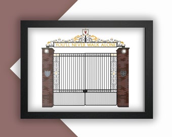 May include: A framed print of a black metal gate with a gold inscription that reads "You'll Never Walk Alone". The gate is decorated with ornate details and has a red and white crest at the top.
